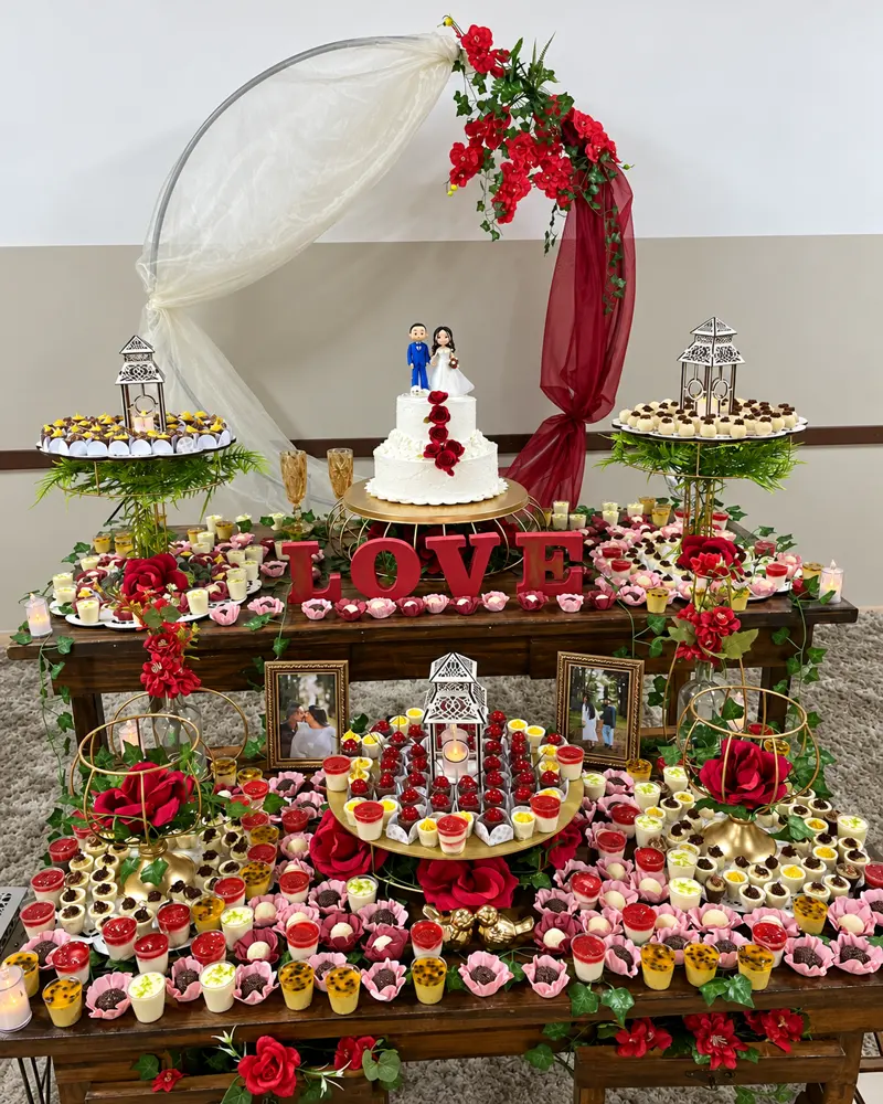 Mesa de doces com flores vermelhas e bolo ao centro