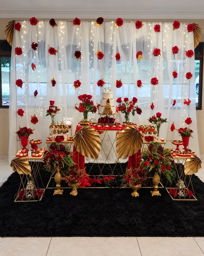 Mesa de 15 anos em vermelho e dourado