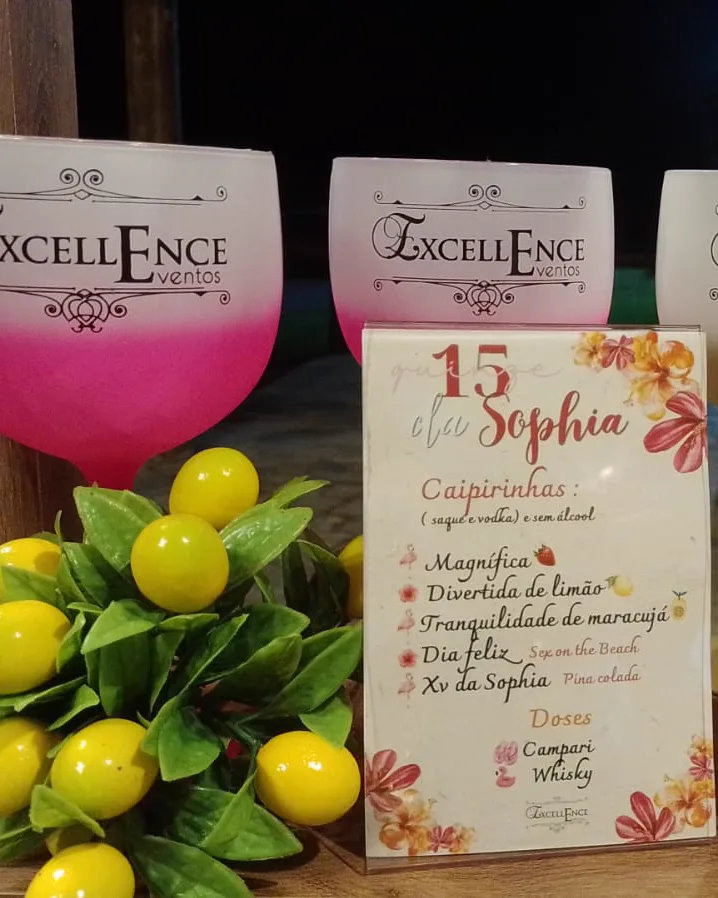 Bar da festa de 15 anos: taças coloridas com a marca Excellence, cardápio de drinks com o nome da debutante e um arranjo de limões